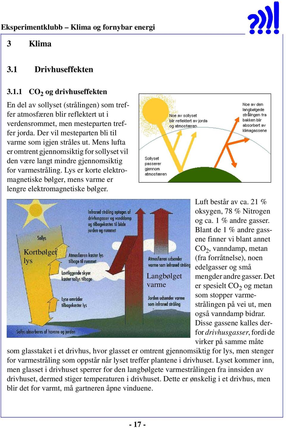 Lys er korte elektromagnetiske bølger, mens varme er lengre elektromagnetiske bølger. Kortbølget lys Langbølget varme Luft består av ca. 21 % oksygen, 78 % Nitrogen og ca. 1 % andre gasser.