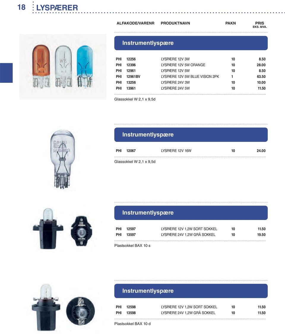 50 Glassokkel W 2,1 x 9,5d Instrumentlyspære PHI 12067 LYSPÆRE 12V 16W 10 24.