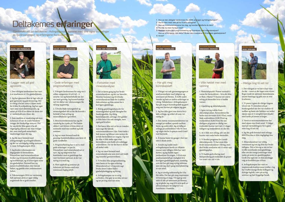 4 Hva ble du mest fornøyd med? 5 Hvordan brukte dere prognosehøsting og fôranalyser med mineralanalyser? Hva var erfaringene med dette? Bruker dere analysene til å korrigere gjødselplanen? 6 Annet?