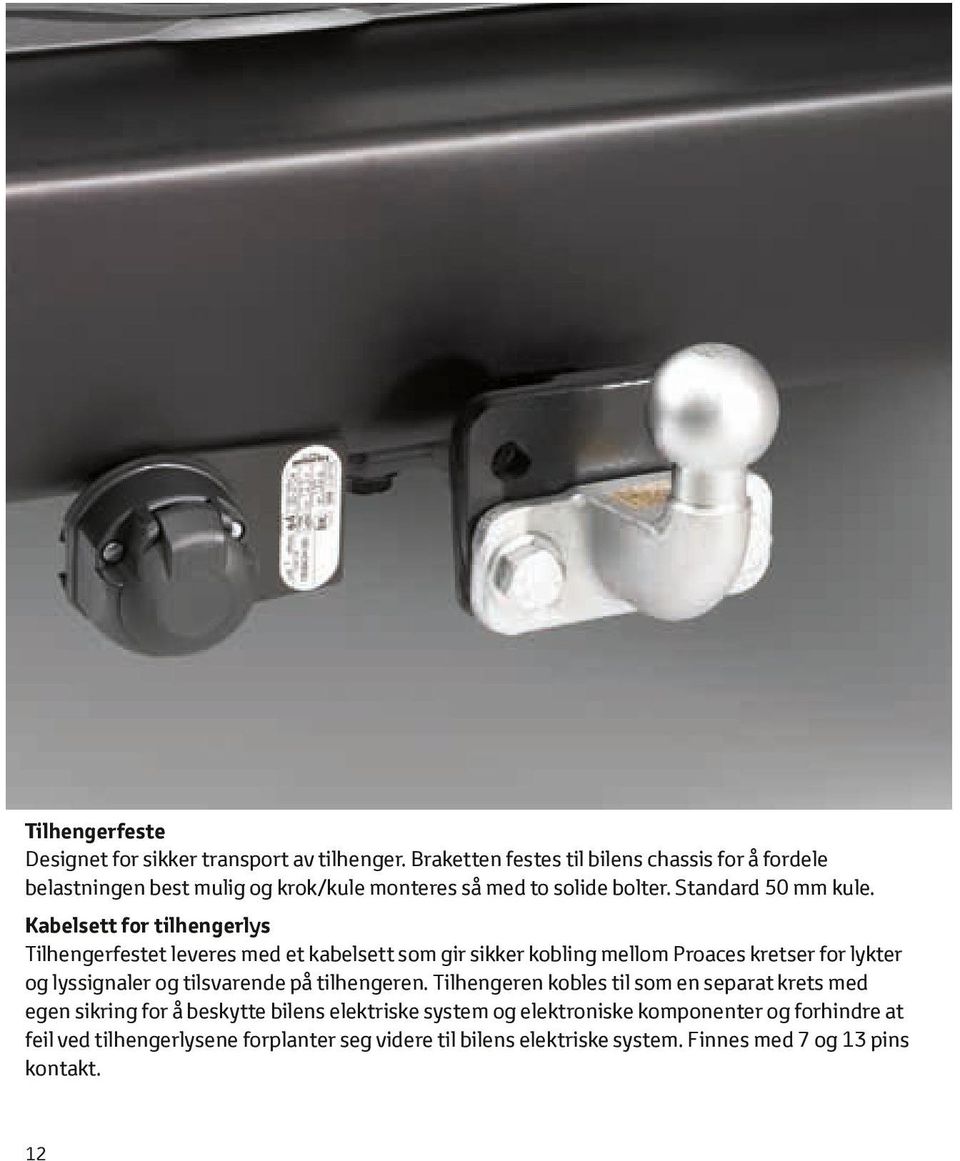Kabelsett for tilhengerlys Tilhengerfestet leveres med et kabelsett som gir sikker kobling mellom Proaces kretser for lykter og lyssignaler og tilsvarende på