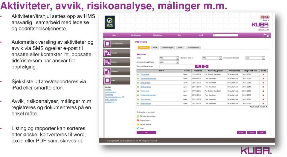 oppsatte tidsfristersom har ansvar for oppfølging. Sjekkliste utføres/rapporteres via ipad eller smarttelefon.