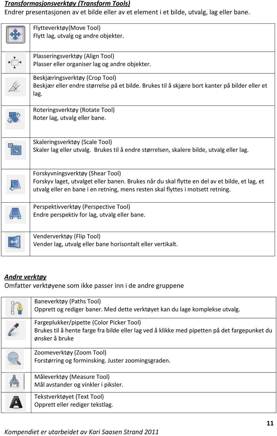 Brukes til å skjære bort kanter på bilder eller et lag. Roteringsverktøy (Rotate Tool) Roter lag, utvalg eller bane. Skaleringsverktøy (Scale Tool) Skaler lag eller utvalg.