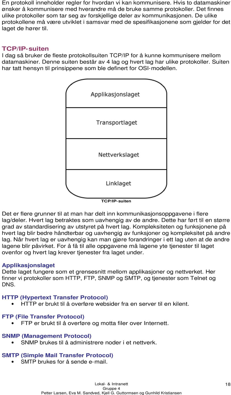 TCP/IP-suiten I dag så bruker de fleste protokollsuiten TCP/IP for å kunne kommunisere mellom datamaskiner. Denne suiten består av 4 lag og hvert lag har ulike protokoller.