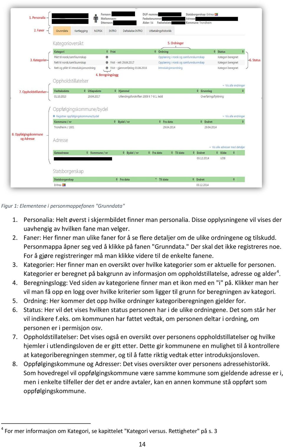 For å gjøre registreringer må man klikke videre til de enkelte fanene. 3. Kategorier: Her finner man en oversikt over hvilke kategorier som er aktuelle for personen.