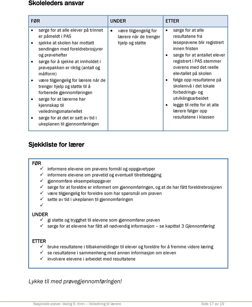 sørge for at det er satt av tid i ukeplanen til gjennomføringen være tilgjengelig for lærere når de trenger hjelp og støtte sørge for at alle resultatene fra leseprøvene blir registrert innen fristen