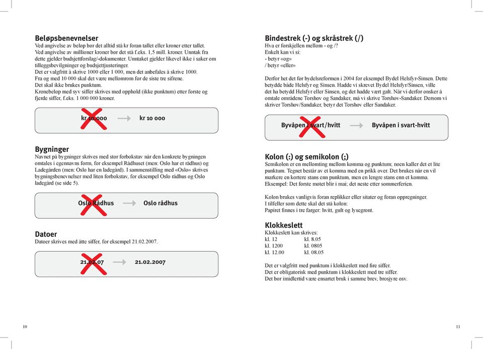 Fra og med 10 000 skal det være mellomrom før de siste tre sifrene. Det skal ikke brukes punktum. Kronebeløp med syv siffer skrives med opphold (ikke punktum) etter første og fjerde siffer, f.eks.