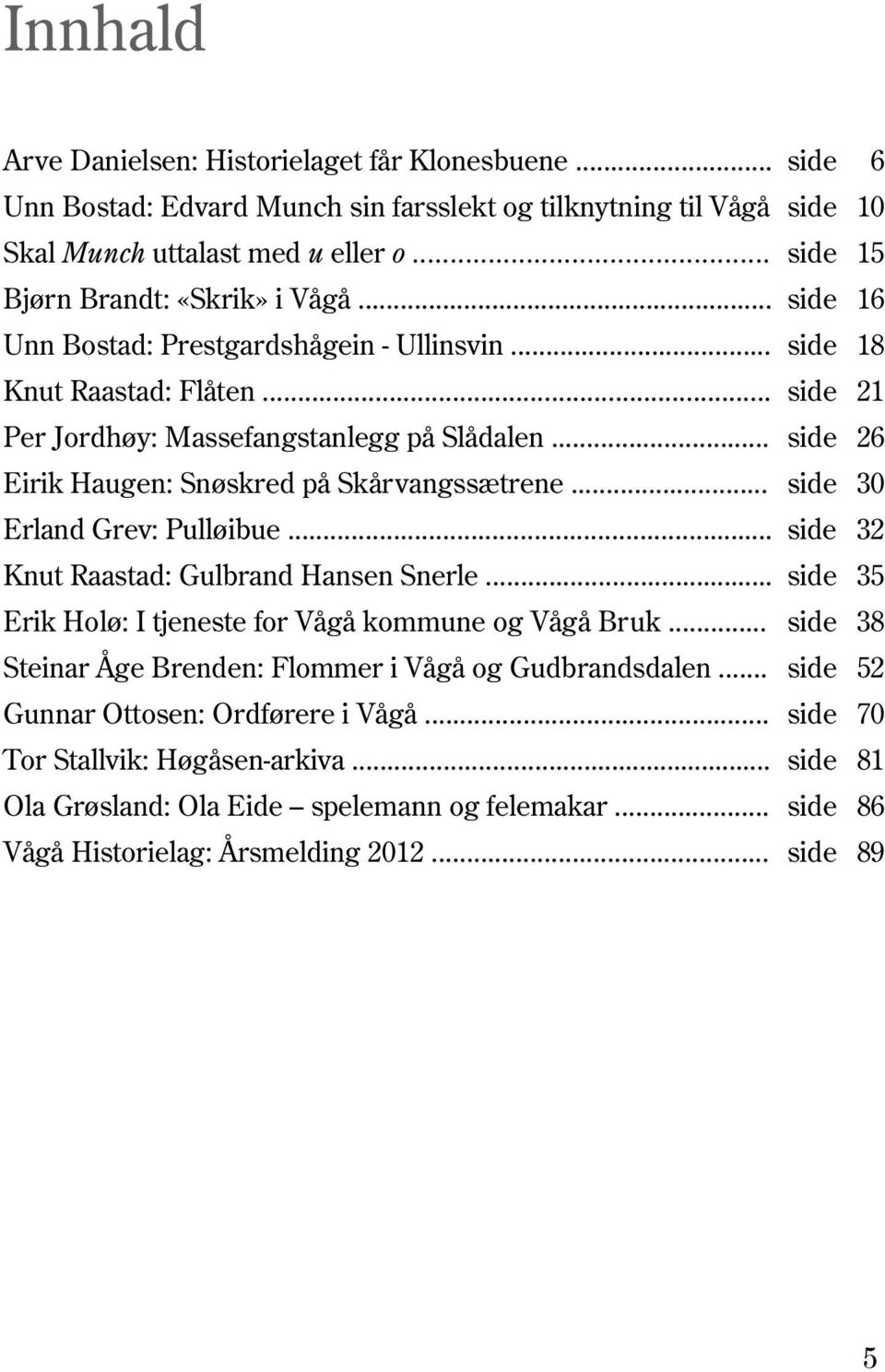 .. side 26 Eirik Haugen: Snøskred på Skårvangssætrene... side 30 Erland Grev: Pulløibue... side 32 Knut Raastad: Gulbrand Hansen Snerle... side 35 Erik Holø: I tjeneste for Vågå kommune og Vågå Bruk.