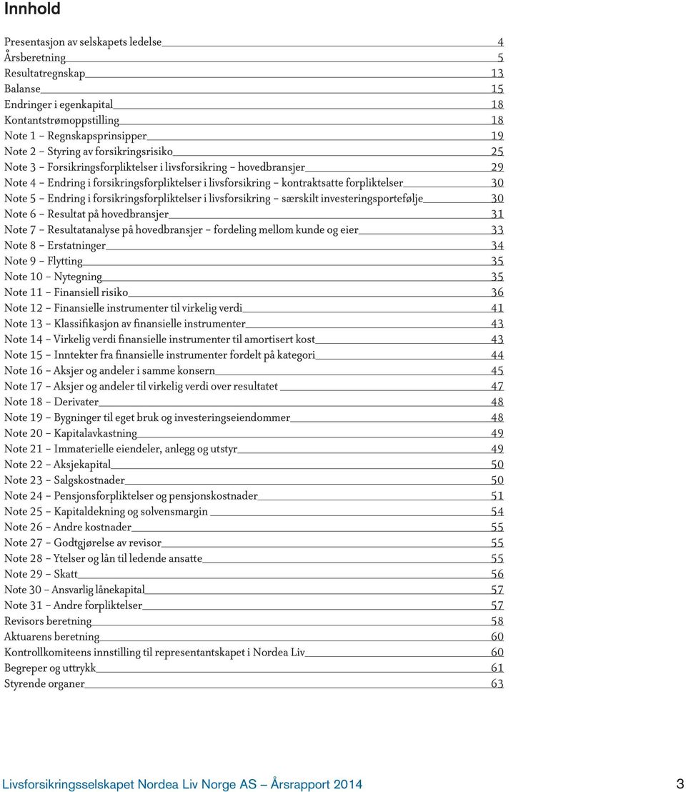 Endring i forsikringsforpliktelser i livsforsikring - særskilt investeringsportefølje 30 Note 6 - Resultat på hovedbransjer 31 Note 7 - Resultatanalyse på hovedbransjer - fordeling mellom kunde og