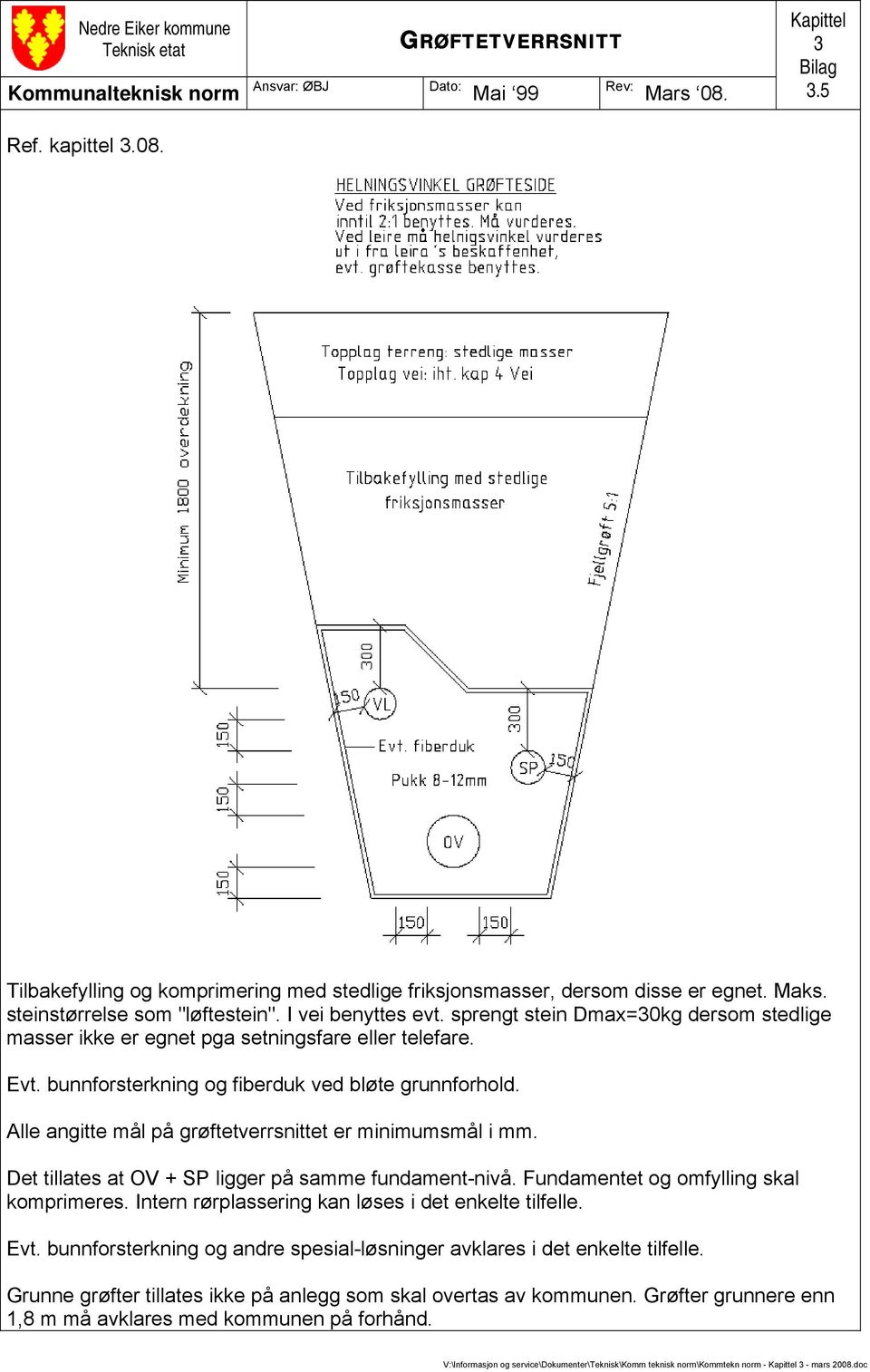 bunnforsterkning og fiberduk ved bløte grunnforhold. Alle angitte mål på grøftetverrsnittet er minimumsmål i mm. Det tillates at OV + SP ligger på samme fundament-nivå.