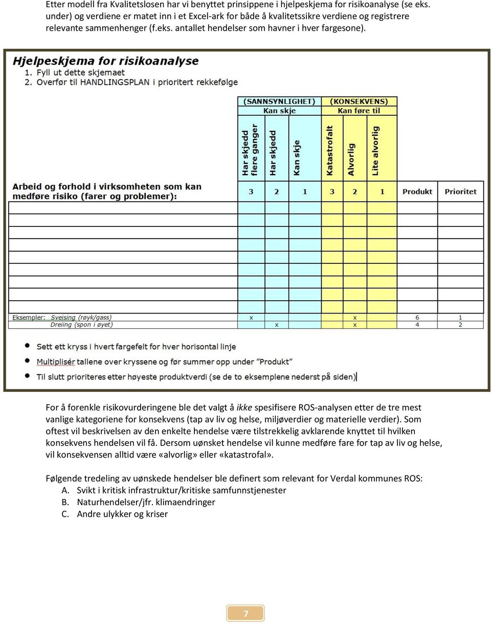 For å forenkle risikovurderingene ble det valgt å ikke spesifisere ROS-analysen etter de tre mest vanlige kategoriene for konsekvens (tap av liv og helse, miljøverdier og materielle verdier).