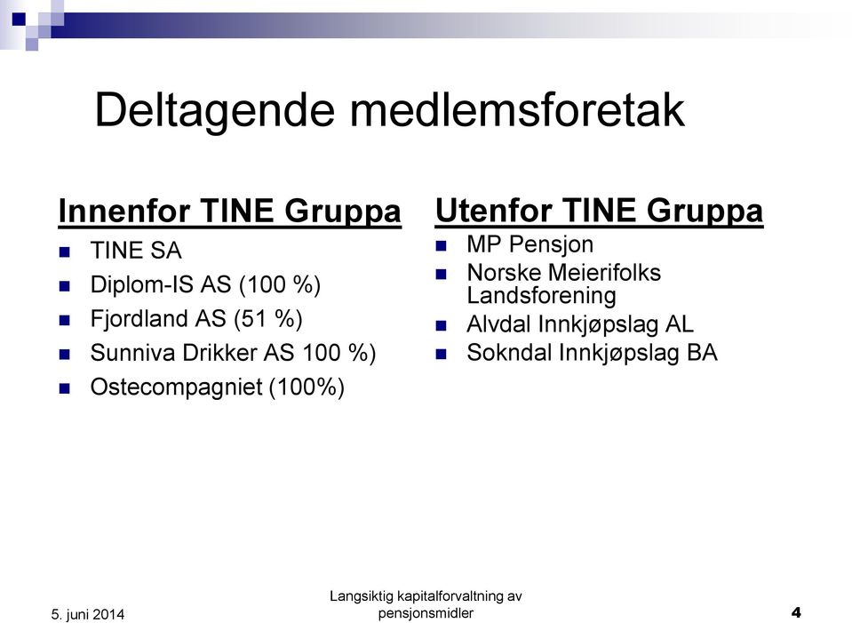 Ostecompagniet (100%) Utenfor TINE Gruppa MP Pensjon Norske