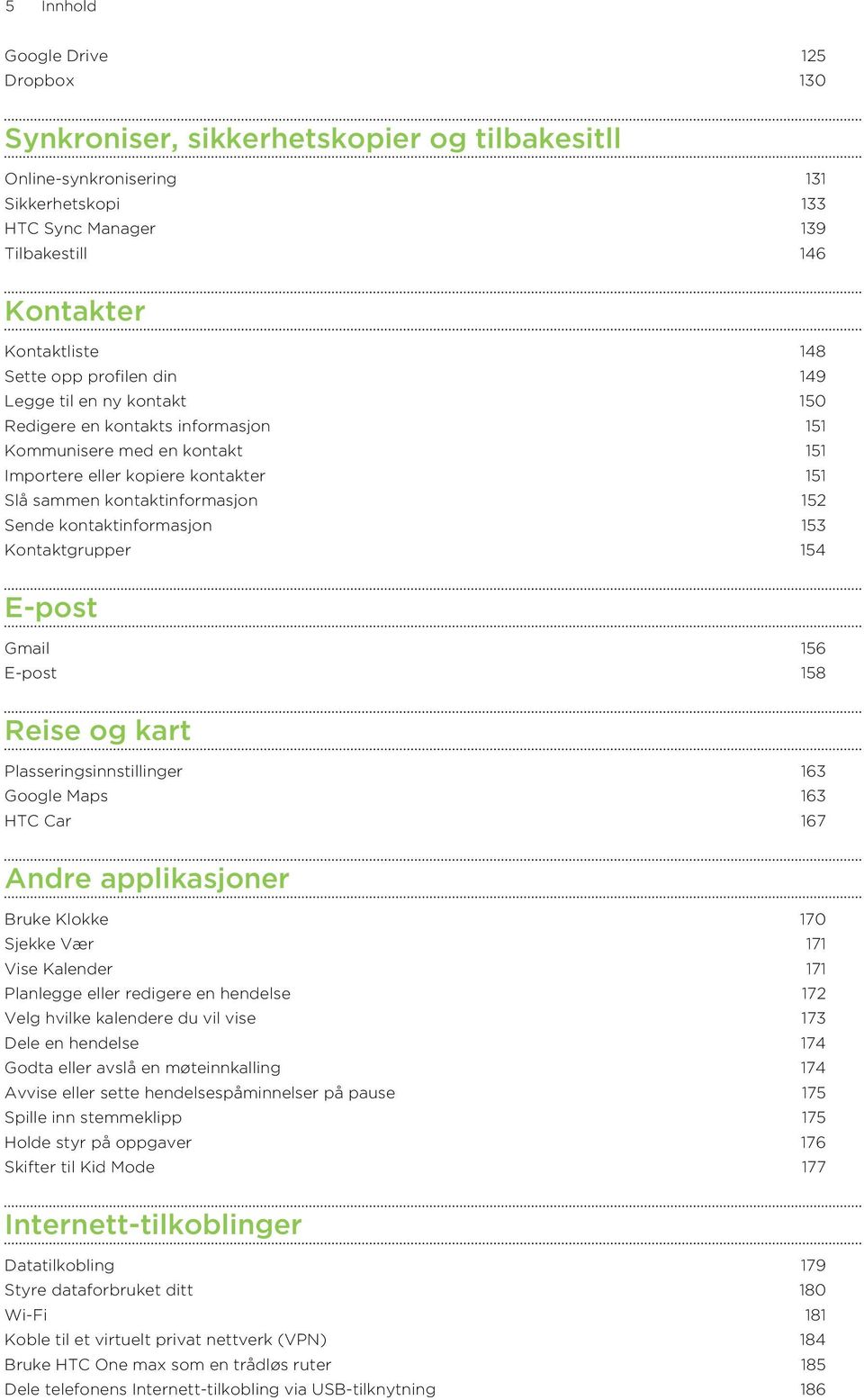 Sende kontaktinformasjon 153 Kontaktgrupper 154 E-post Gmail 156 E-post 158 Reise og kart Plasseringsinnstillinger 163 Google Maps 163 HTC Car 167 Andre applikasjoner Bruke Klokke 170 Sjekke Vær 171