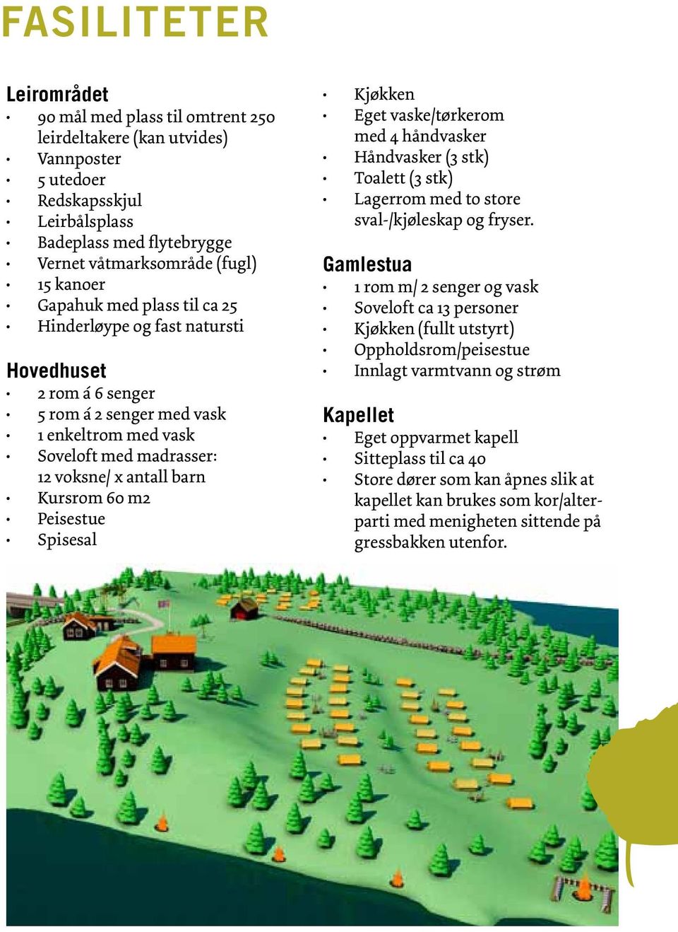 Peisestue Spisesal Kjøkken Eget vaske/tørkerom med 4 håndvasker Håndvasker (3 stk) Toalett (3 stk) Lagerrom med to store sval-/kjøleskap og fryser.