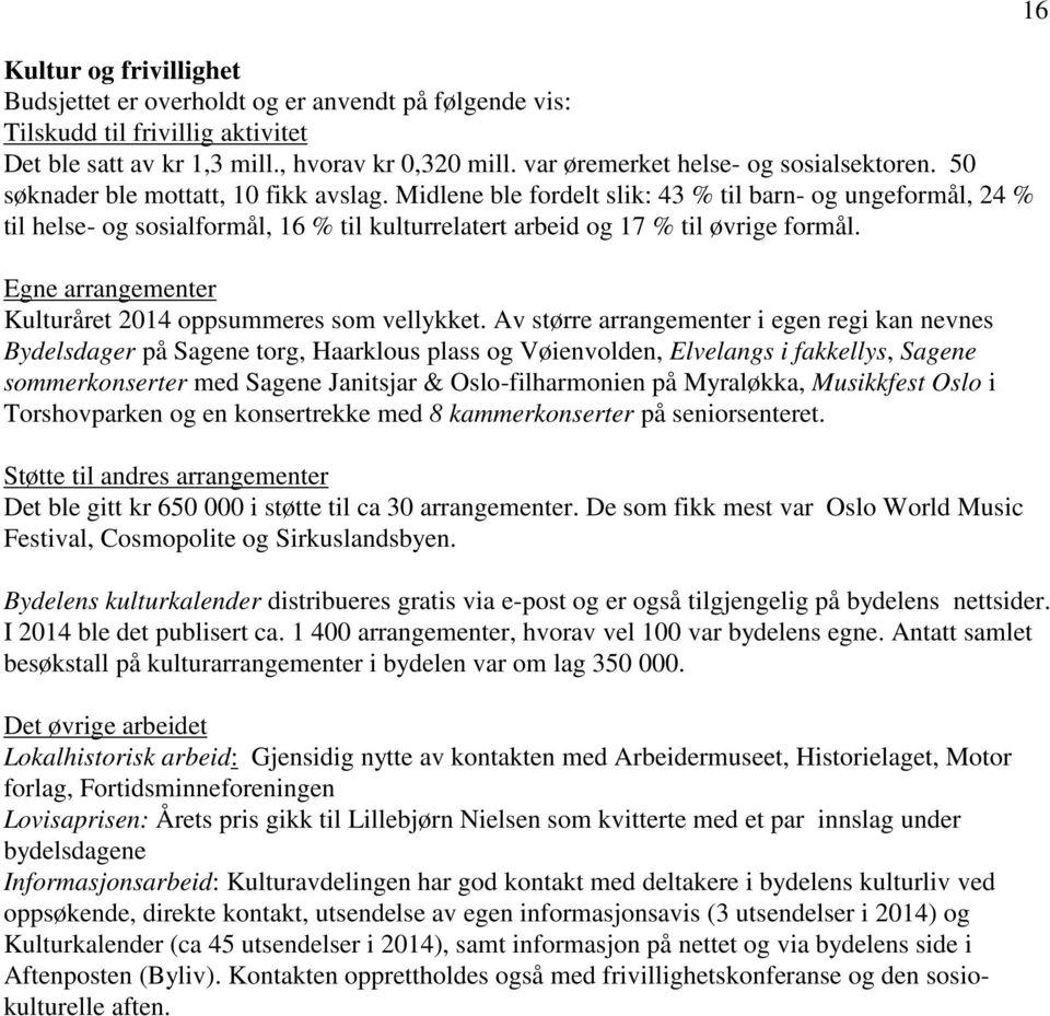 Midlene ble fordelt slik: 43 % til barn- og ungeformål, 24 % til helse- og sosialformål, 16 % til kulturrelatert arbeid og 17 % til øvrige formål.