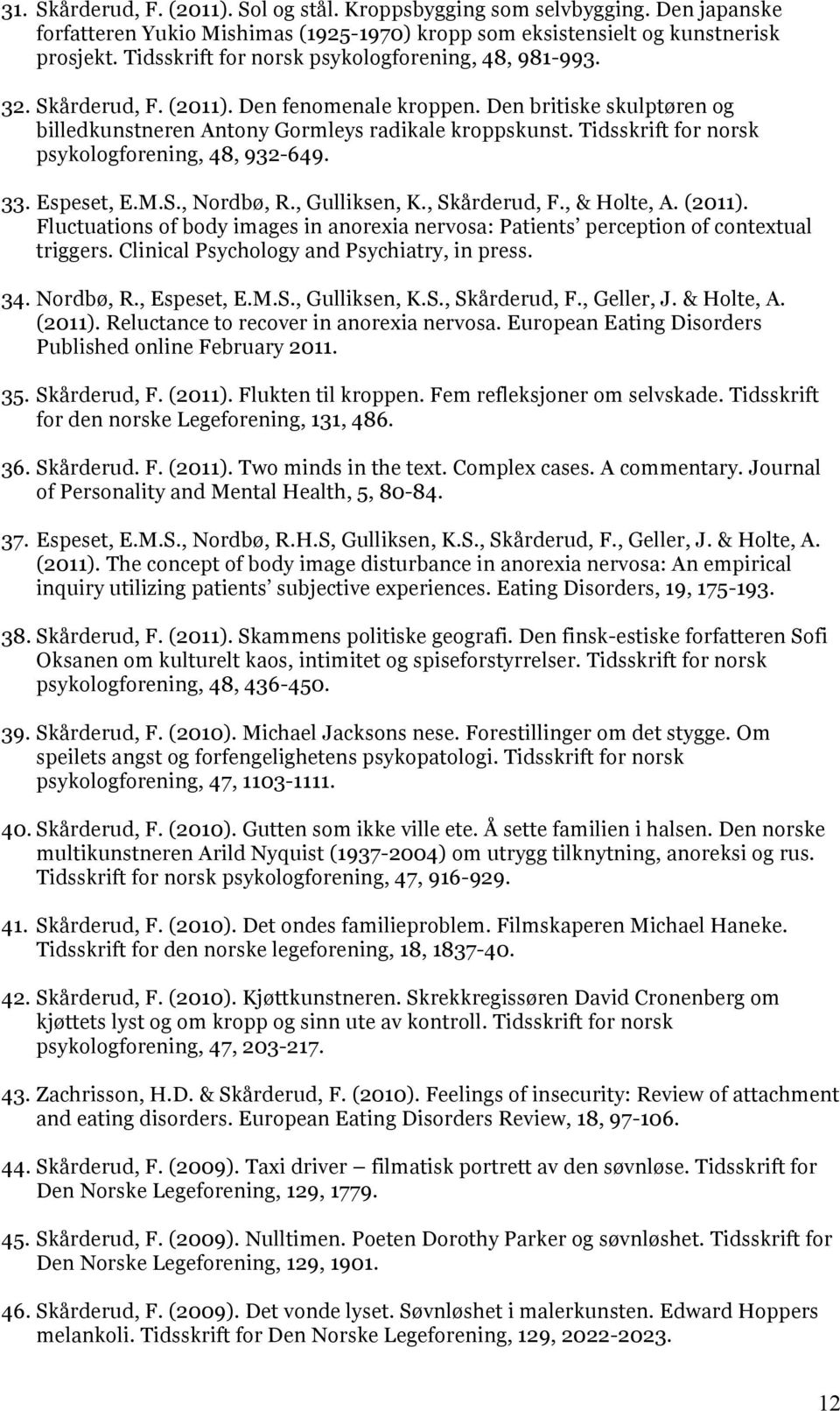 Tidsskrift for norsk psykologforening, 48, 932-649. 33. Espeset, E.M.S., Nordbø, R., Gulliksen, K., Skårderud, F., & Holte, A. (2011).