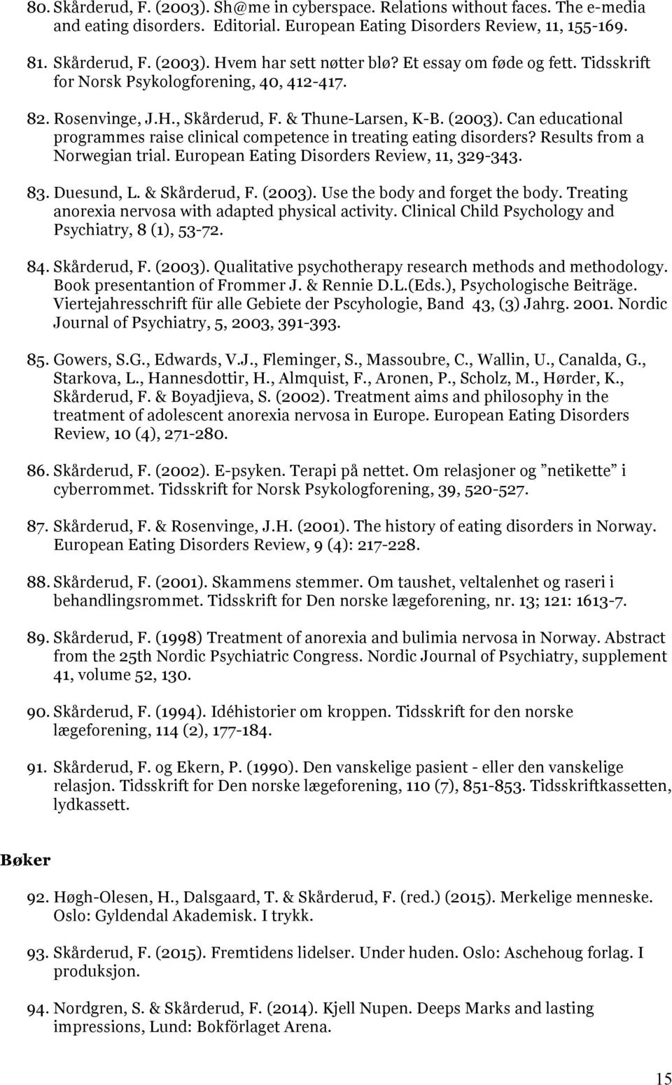 Can educational programmes raise clinical competence in treating eating disorders? Results from a Norwegian trial. European Eating Disorders Review, 11, 329-343. 83. Duesund, L. & Skårderud, F.