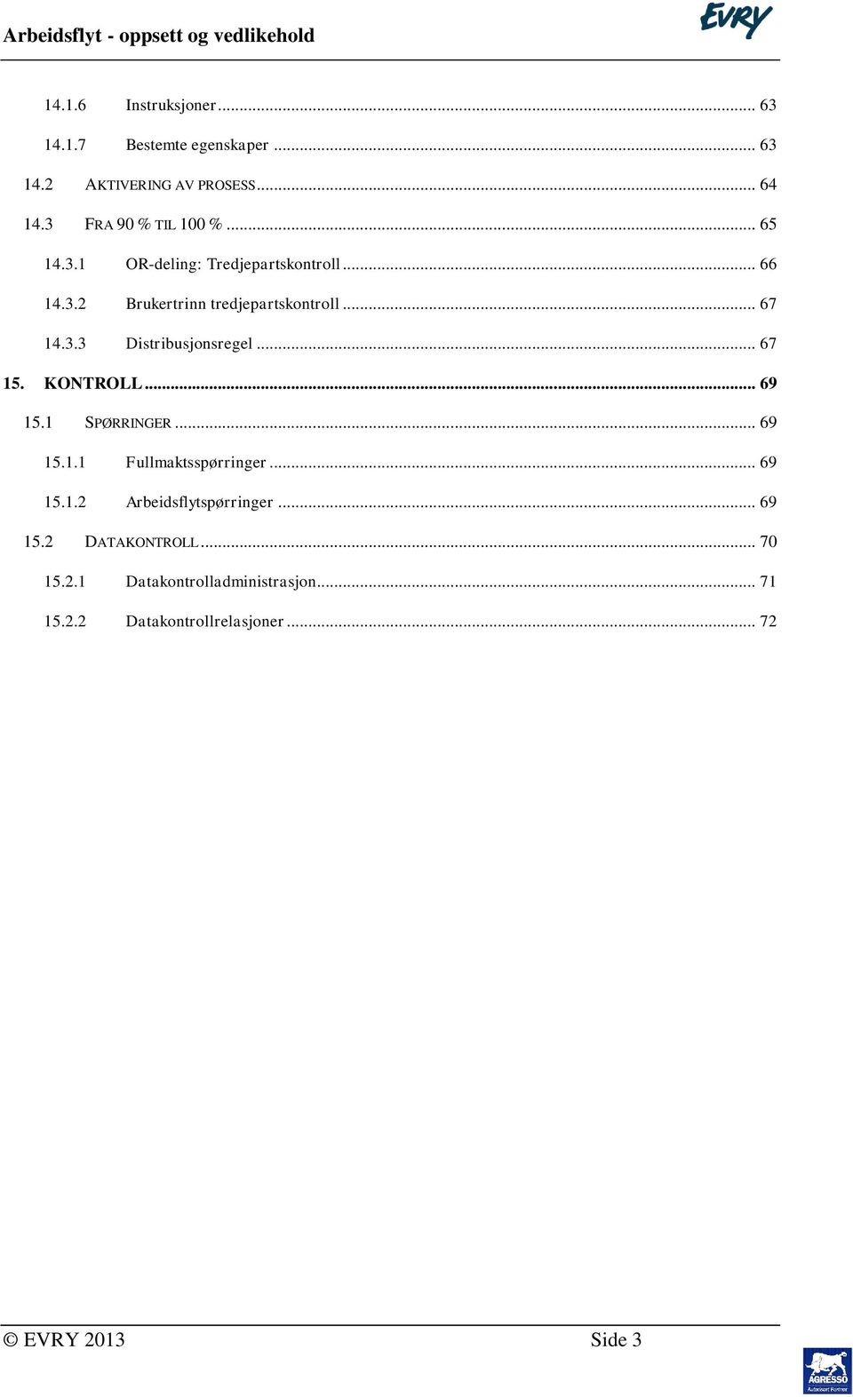 .. 67 15. KONTROLL... 69 15.1 SPØRRINGER... 69 15.1.1 Fullmaktsspørringer... 69 15.1.2 Arbeidsflytspørringer... 69 15.2 DATAKONTROLL.