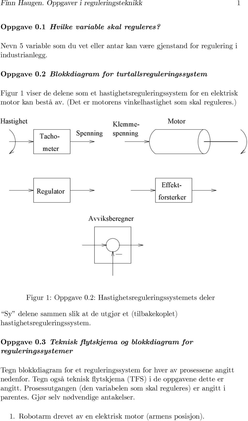 2: Hastighetsreguleringssystemets deler Sy delene sammen slik at de utgjør et (tilbakekoplet) hastighetsreguleringssystem. Oppgave 0.