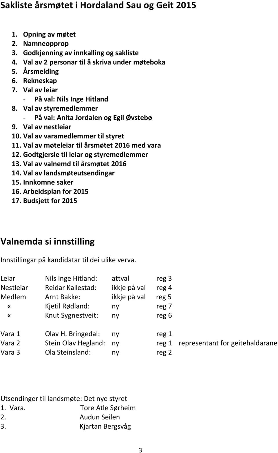 Val av møteleiar til årsmøtet 2016 med vara 12. Godtgjersle til leiar og styremedlemmer 13. Val av valnemd til årsmøtet 2016 14. Val av landsmøteutsendingar 15. Innkomne saker 16.