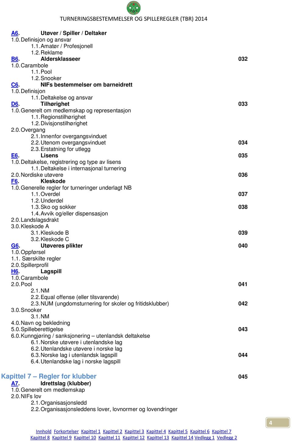 3. Erstatning for utlegg E6. Lisens 035 1.0. Deltakelse, registrering og type av lisens 1.1. Deltakelse i internasjonal turnering 2.0. Nordiske utøvere 036 F6. Kleskode 1.0. Generelle regler for turneringer underlagt NB 1.