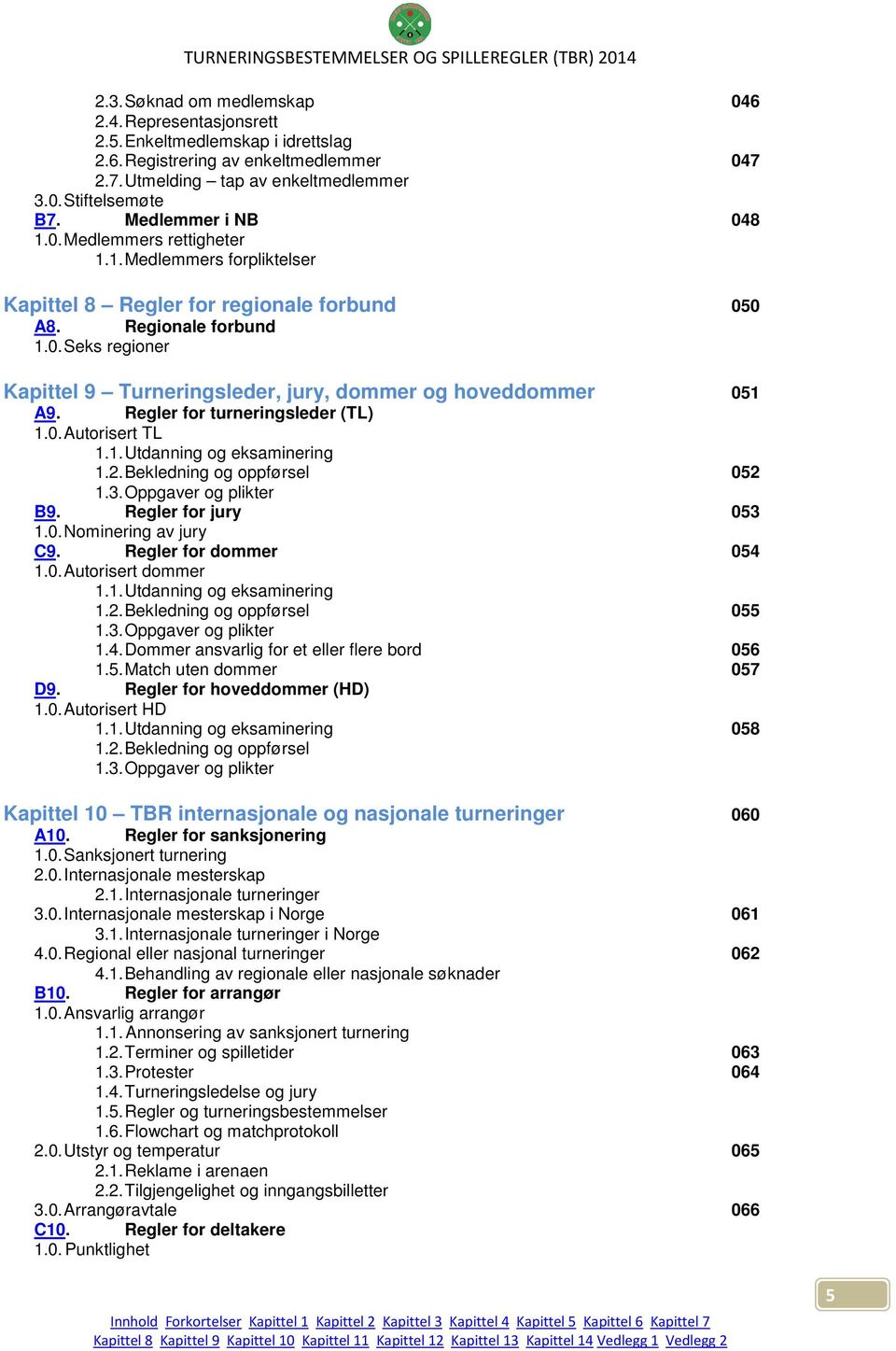 Regler for turneringsleder (TL) 1.0. Autorisert TL 1.1. Utdanning og eksaminering 1.2. Bekledning og oppførsel 052 1.3. Oppgaver og plikter B9. Regler for jury 053 1.0. Nominering av jury C9.