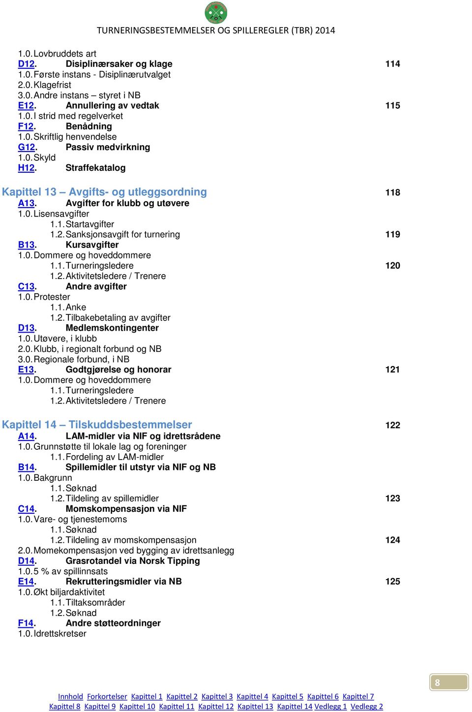 2. Sanksjonsavgift for turnering 119 B13. Kursavgifter 1.0. Dommere og hoveddommere 1.1. Turneringsledere 120 1.2. Aktivitetsledere / Trenere C13. Andre avgifter 1.0. Protester 1.1. Anke 1.2. Tilbakebetaling av avgifter D13.