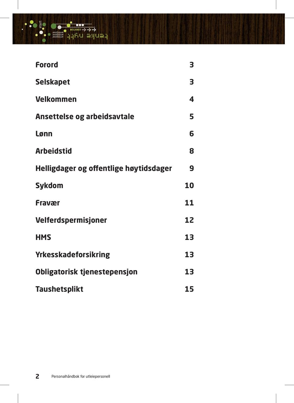 11 Velferdspermisjoner 12 HMS 13 Yrkesskadeforsikring 13 Obligatorisk