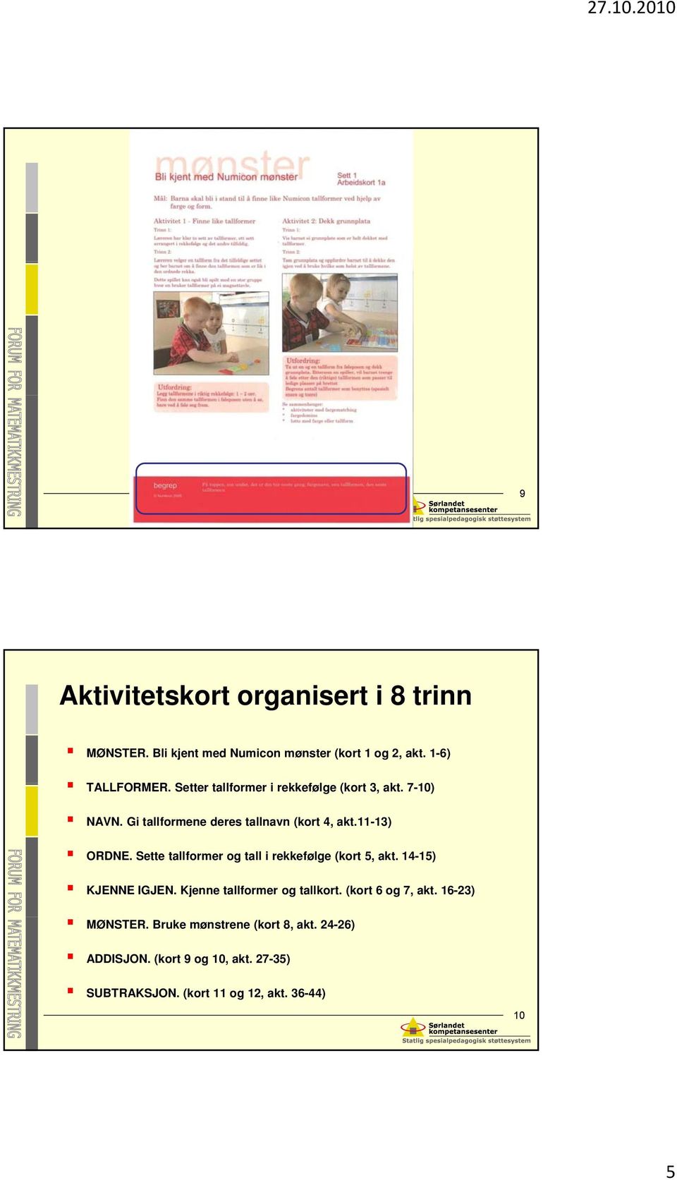 Sette tallformer og tall i rekkefølge (kort 5, akt. 14-15) KJENNE IGJEN. Kjenne tallformer og tallkort. (kort 6 og 7, akt.