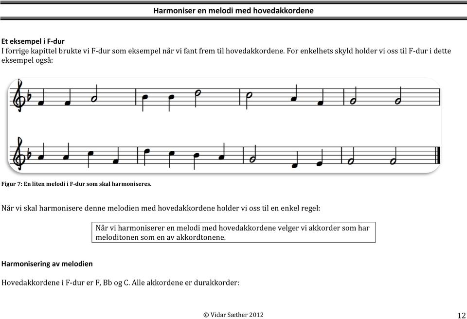 Når vi skal harmonisere denne melodien med hovedakkordene holder vi oss til en enkel regel: Når vi harmoniserer en melodi med hovedakkordene velger