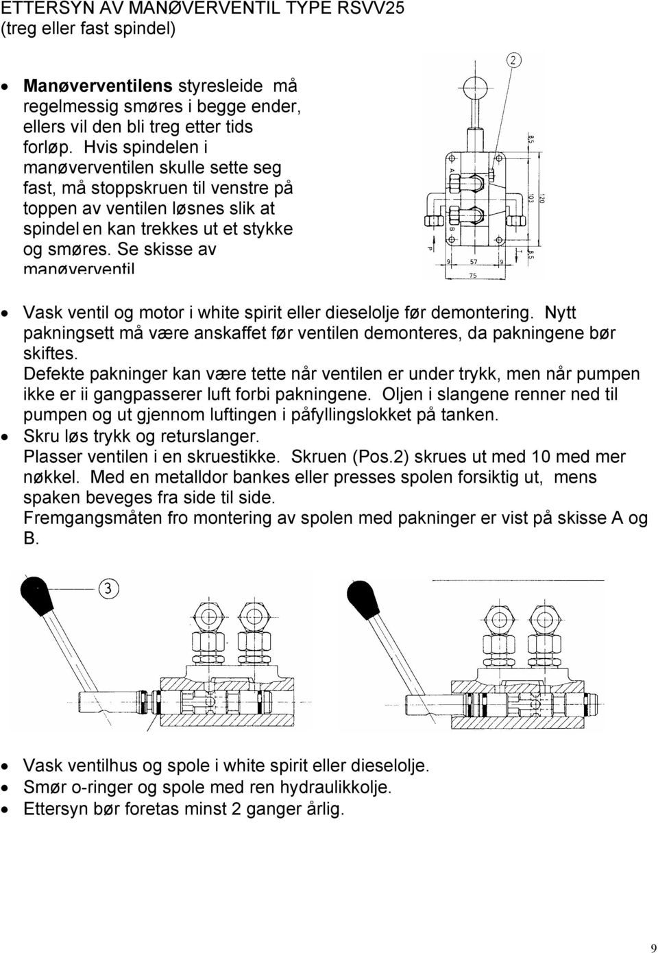 Vask ventil og motor i white spirit eller dieselolje før demontering. Nytt pakningsett må være anskaffet før ventilen demonteres, da pakningene bør skiftes.