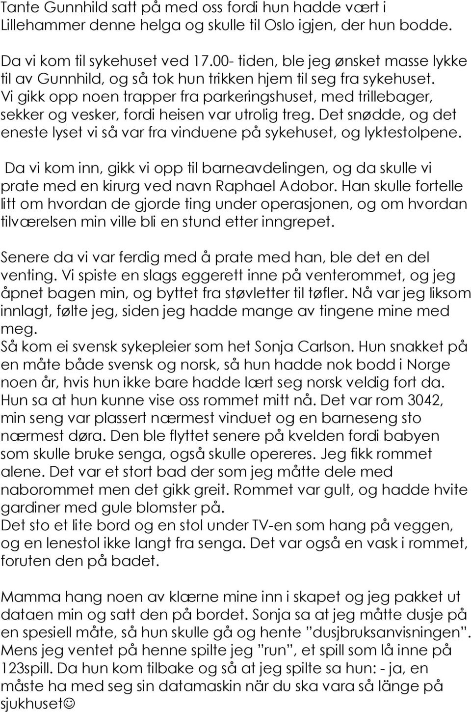 Vi gikk opp noen trapper fra parkeringshuset, med trillebager, sekker og vesker, fordi heisen var utrolig treg. Det snødde, og det eneste lyset vi så var fra vinduene på sykehuset, og lyktestolpene.