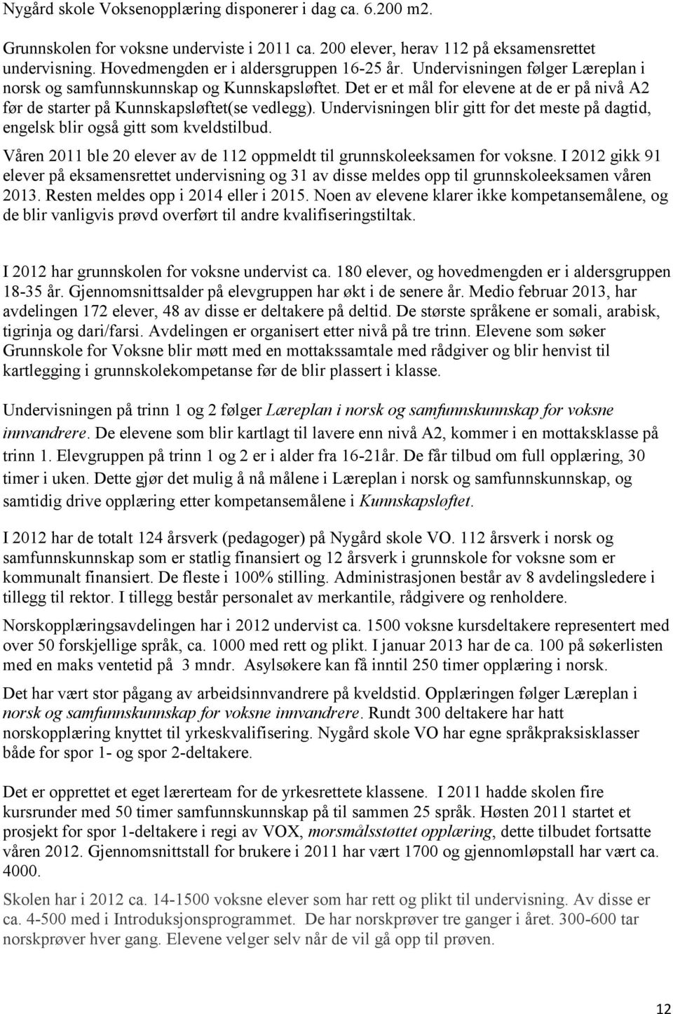 Undervisningen blir gitt for det meste på dagtid, engelsk blir også gitt som kveldstilbud. Våren 2011 ble 20 elever av de 112 oppmeldt til grunnskoleeksamen for voksne.