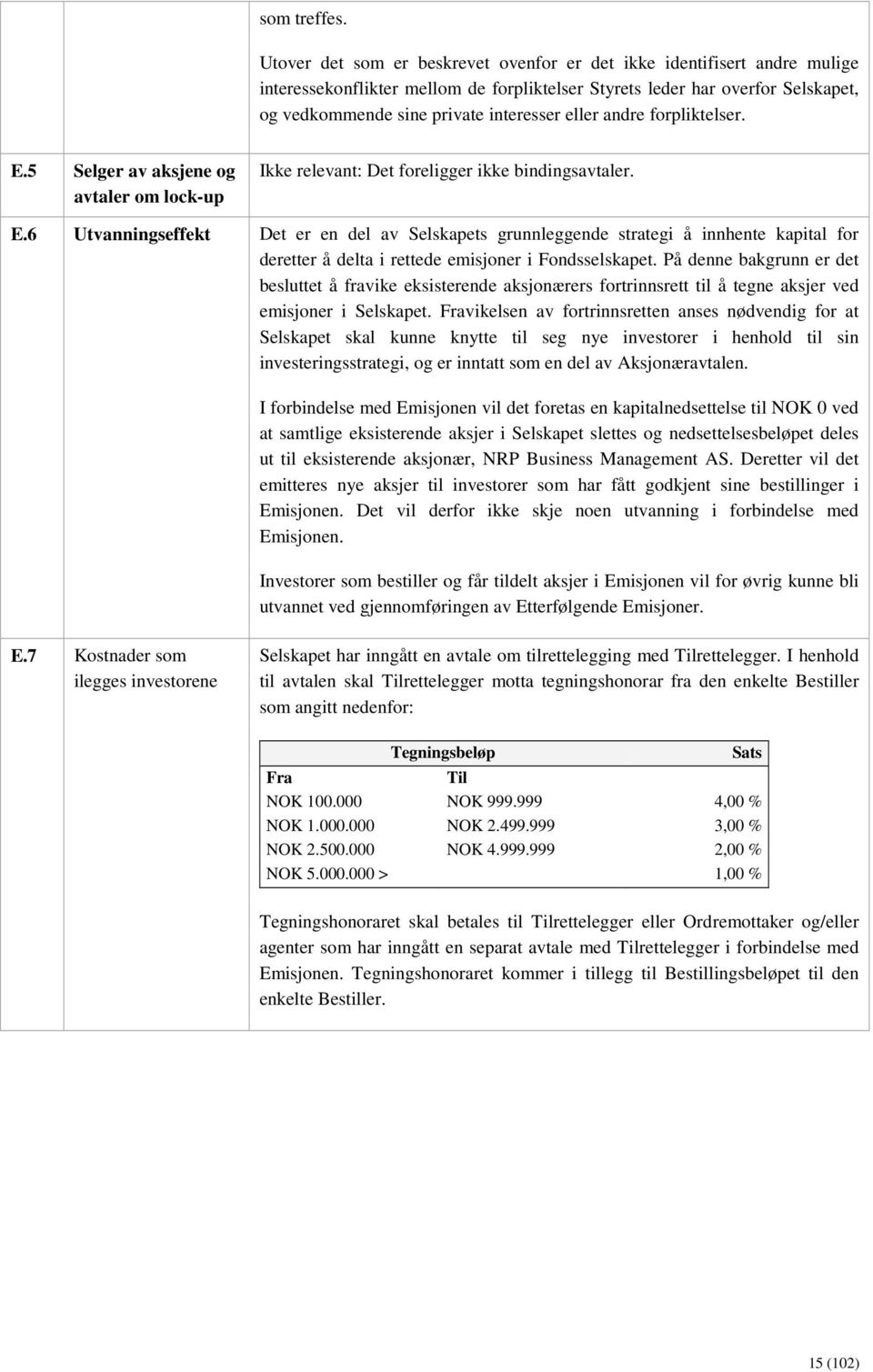 andre forpliktelser. E.5 Selger av aksjene og avtaler om lock-up Ikke relevant: Det foreligger ikke bindingsavtaler. E.6 Utvanningseffekt Det er en del av Selskapets grunnleggende strategi å innhente kapital for deretter å delta i rettede emisjoner i Fondsselskapet.