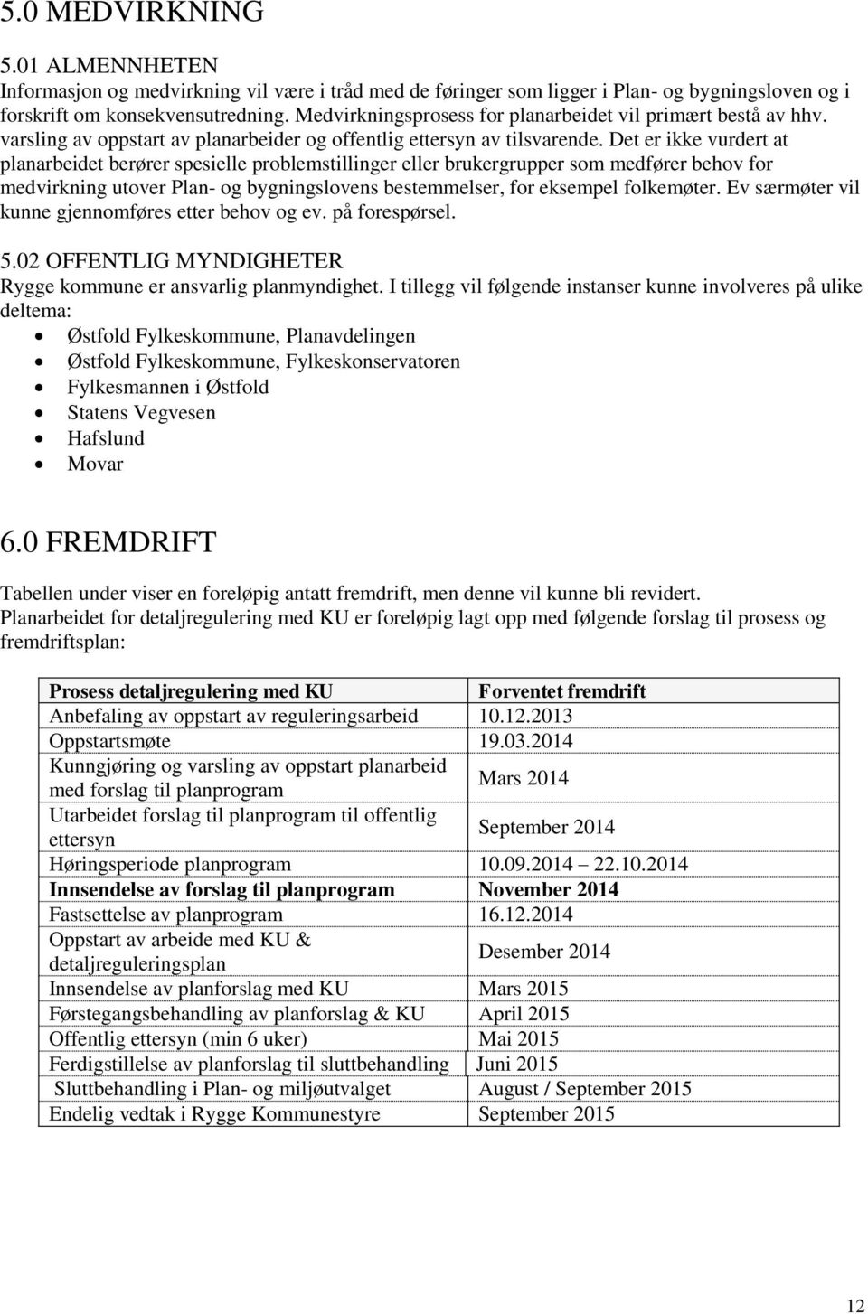 Det er ikke vurdert at planarbeidet berører spesielle problemstillinger eller brukergrupper som medfører behov for medvirkning utover Plan- og bygningslovens bestemmelser, for eksempel folkemøter.