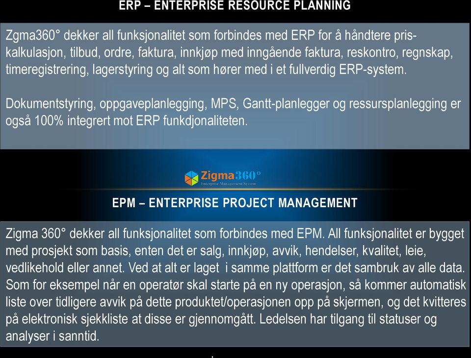 Dokumentstyring, oppgaveplanlegging, MPS, Gantt-planlegger og ressursplanlegging er også 100% integrert mot ERP funkdjonaliteten.