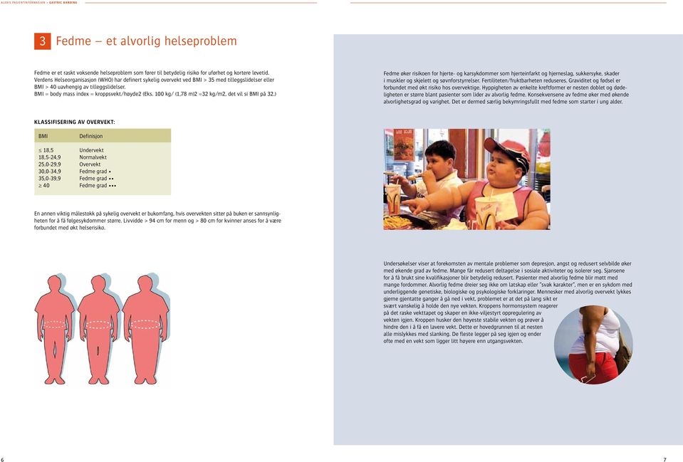 100 kg/ (1,78 m)2 =32 kg/m2, det vil si BMI på 32.) Fedme øker risikoen for hjerte- og karsykdommer som hjerteinfarkt og hjerneslag, sukkersyke, skader i muskler og skjelett og søvnforstyrrelser.