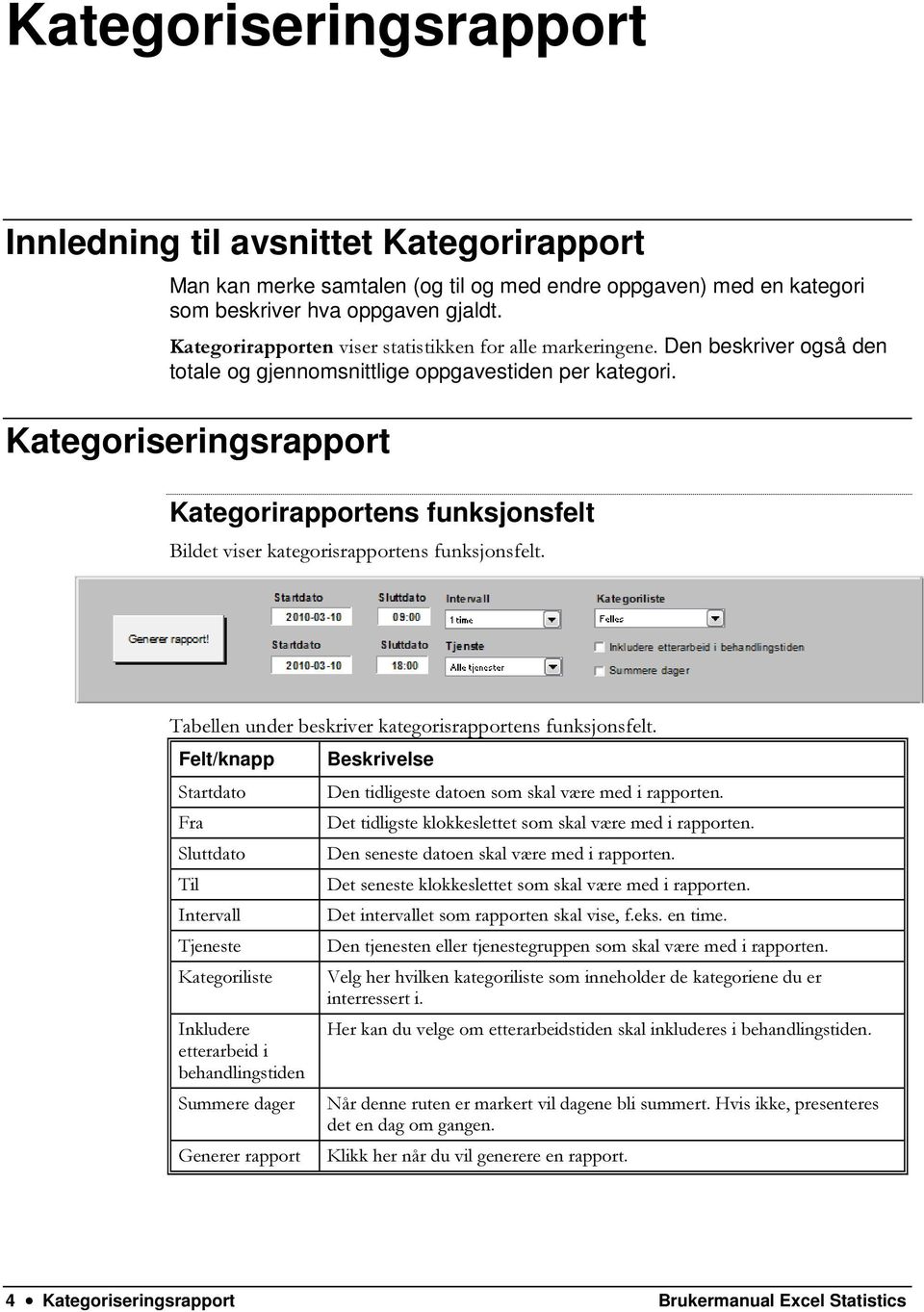Kategoriseringsrapport Kategorirapportens funksjonsfelt Bildet viser kategorisrapportens funksjonsfelt. Tabellen under beskriver kategorisrapportens funksjonsfelt.