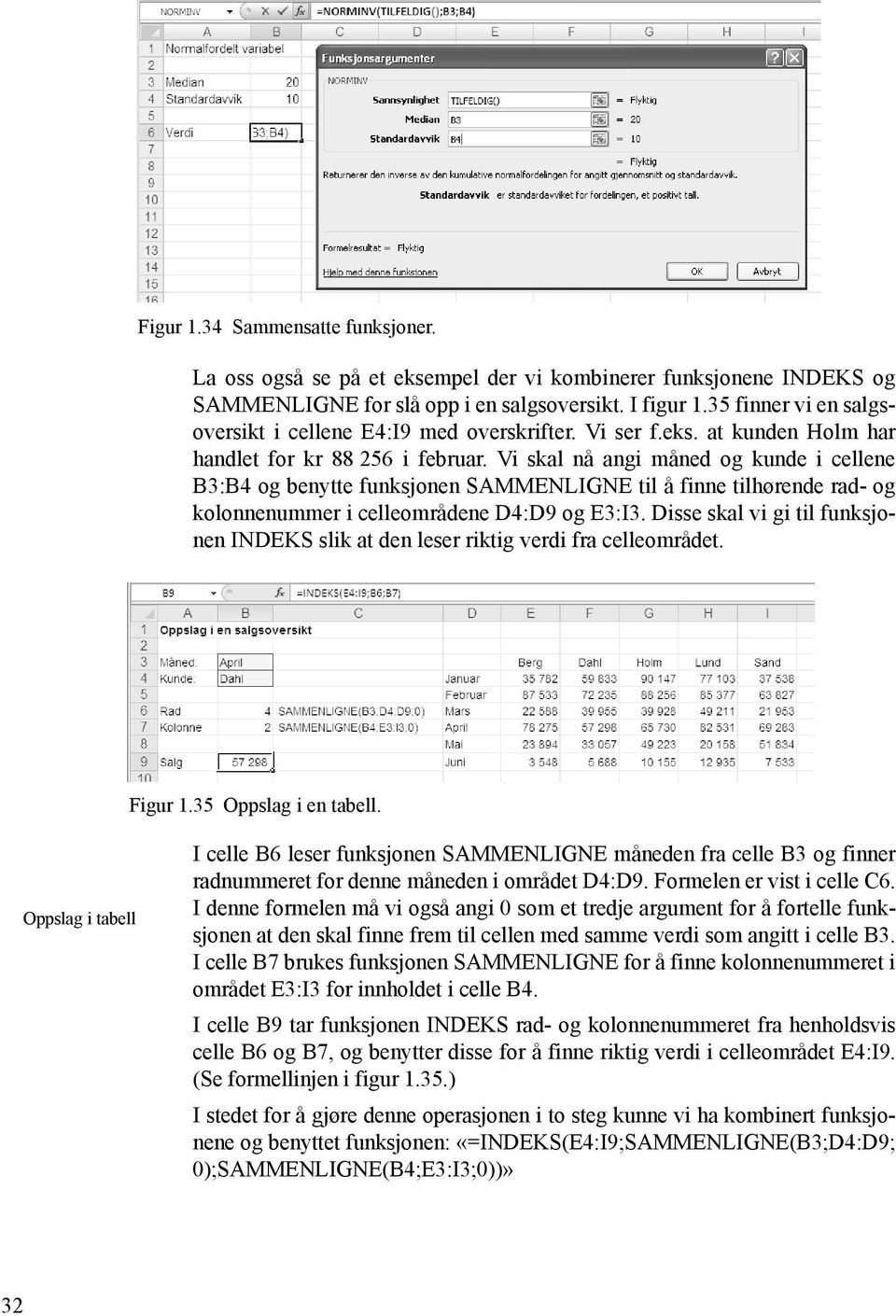 Vi skal nå angi måned og kunde i cellene B3:B4 og benytte funksjonen SAMMENLIGNE til å finne tilhørende rad- og kolonnenummer i celleområdene D4:D9 og E3:I3.