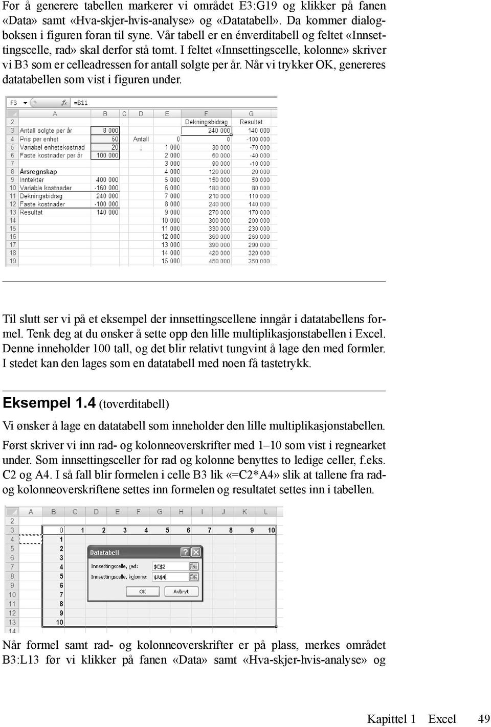 Når vi trykker OK, genereres datatabellen som vist i figuren under. Til slutt ser vi på et eksempel der innsettingscellene inngår i datatabellens formel.