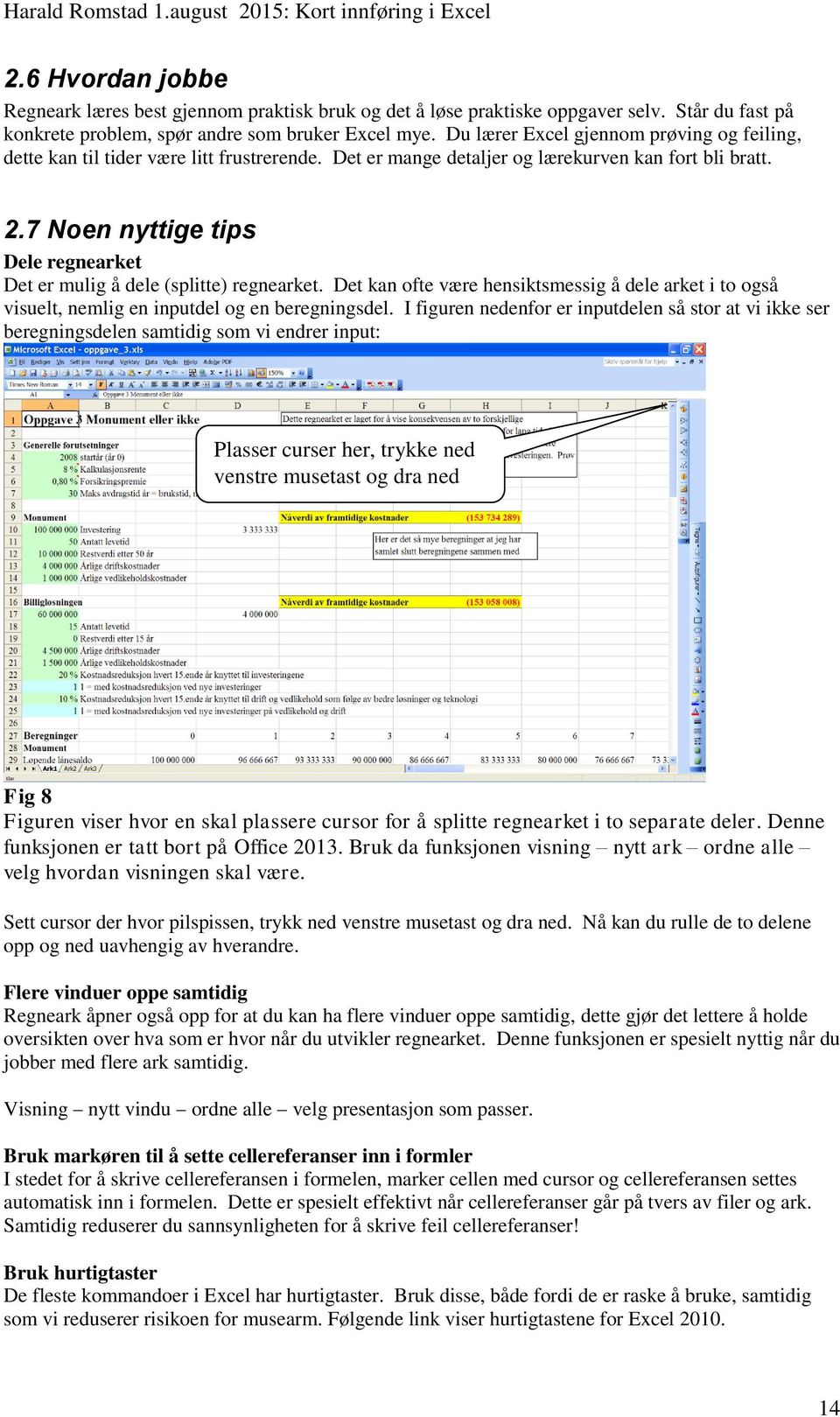 7 Noen nyttige tips Dele regnearket Det er mulig å dele (splitte) regnearket. Det kan ofte være hensiktsmessig å dele arket i to også visuelt, nemlig en inputdel og en beregningsdel.