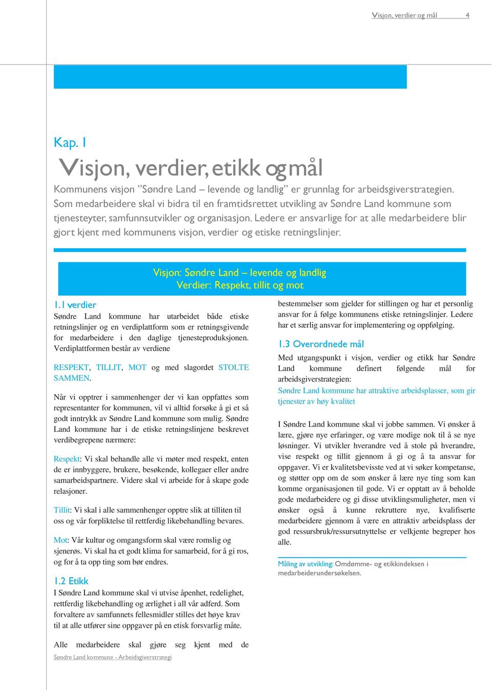 Ledere er ansvarlige for at alle medarbeidere blir gjort kjent med kommunens visjon, verdier og etiske retningslinjer. Visjon: Søndre Land levende og landlig Verdier: Respekt, tillit og mot 1.