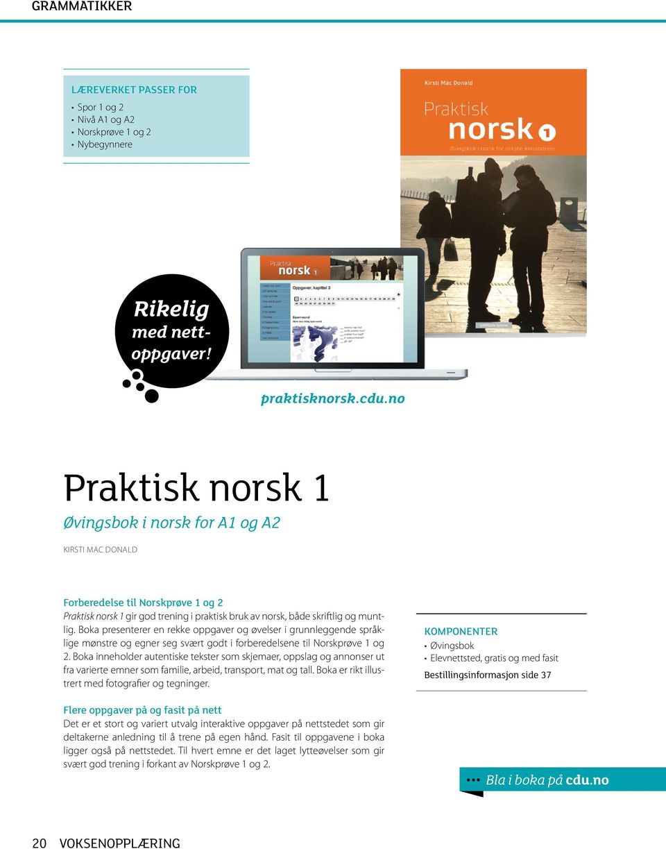 Boka presenterer en rekke oppgaver og øvelser i grunnleggende språklige mønstre og egner seg svært godt i forberedelsene til Norskprøve 1 og 2.