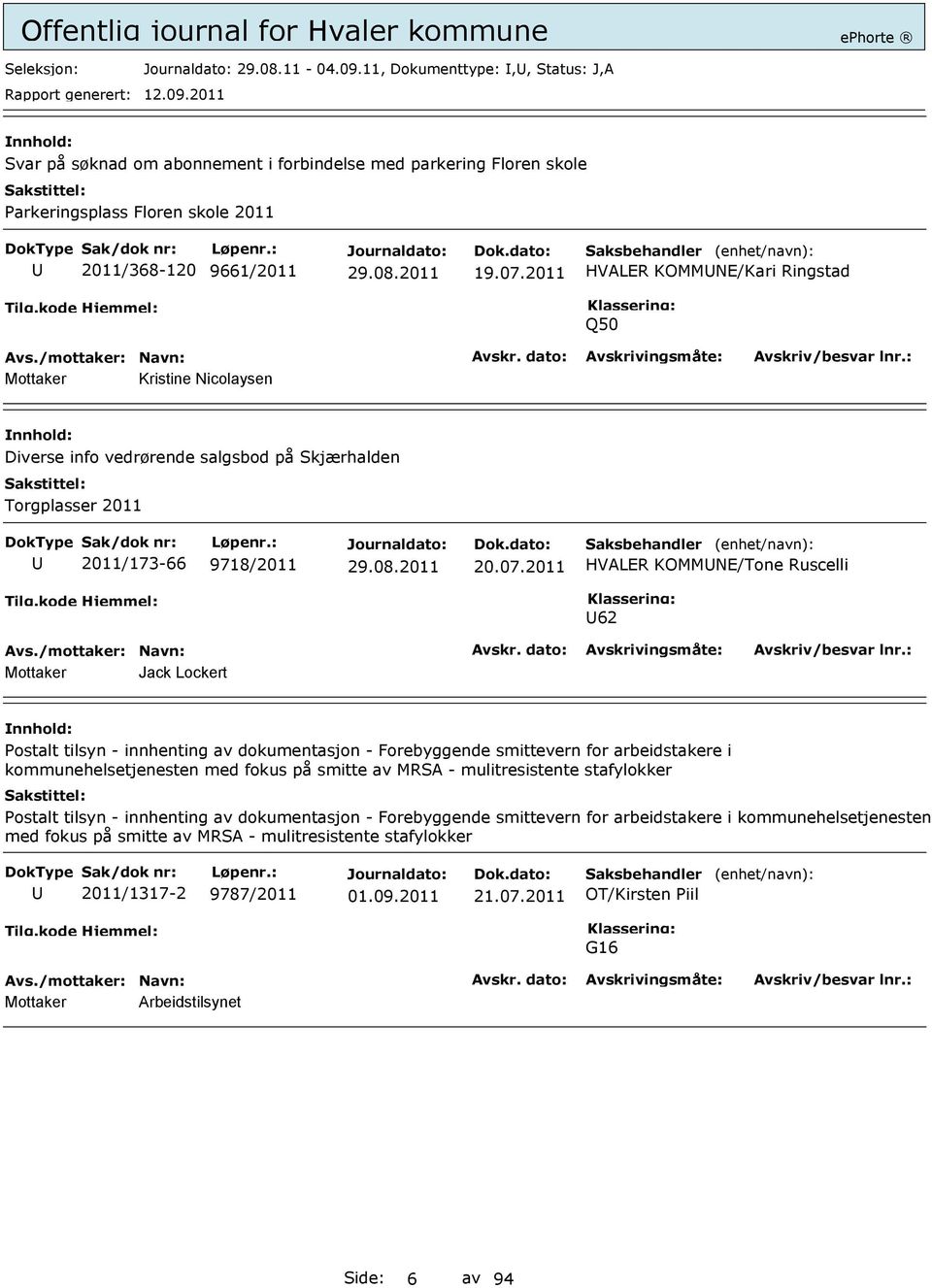 2011 HVALER KOMMNE/Tone Ruscelli 62 Jack Lockert Postalt tilsyn - innhenting av dokumentasjon - Forebyggende smittevern for arbeidstakere i kommunehelsetjenesten med fokus på smitte av MRSA -