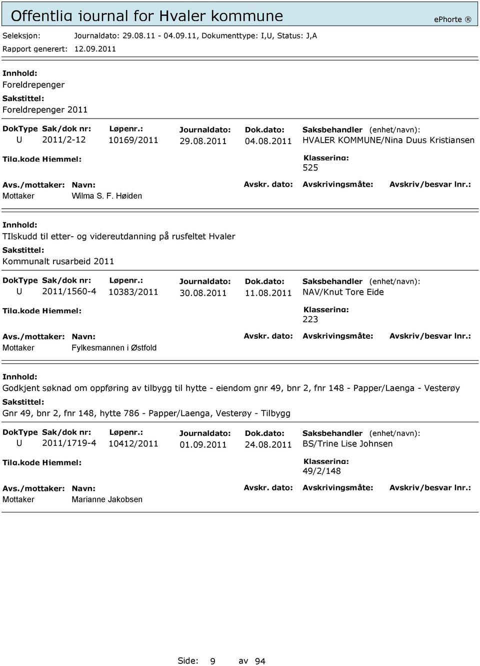 2011 NAV/Knut Tore Eide 223 Fylkesmannen i Østfold Godkjent søknad om oppføring av tilbygg til hytte - eiendom gnr 49, bnr 2, fnr 148 - Papper/Laenga -