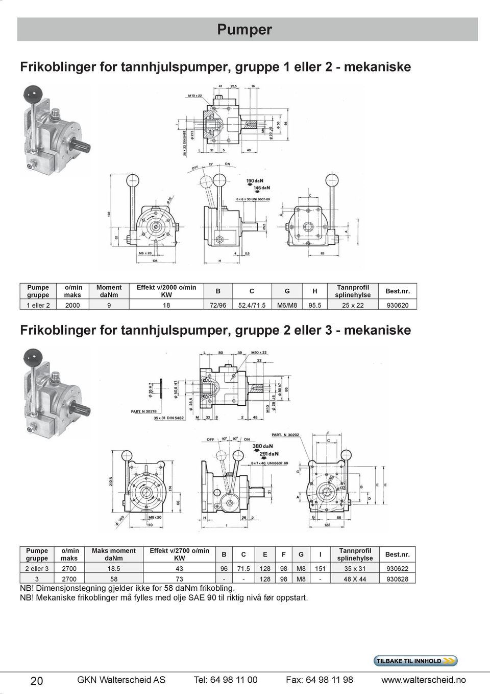 no 20 Pumper Frikoblinger for tannhjulspumper, gruppe eller 2 - mekaniske Pumpe gruppe o/min maks Moment danm Effekt v/2000 o/min KW B C G H Tannprofil splinehylse eller 2 2000 9 8 72/96 52.4/7.