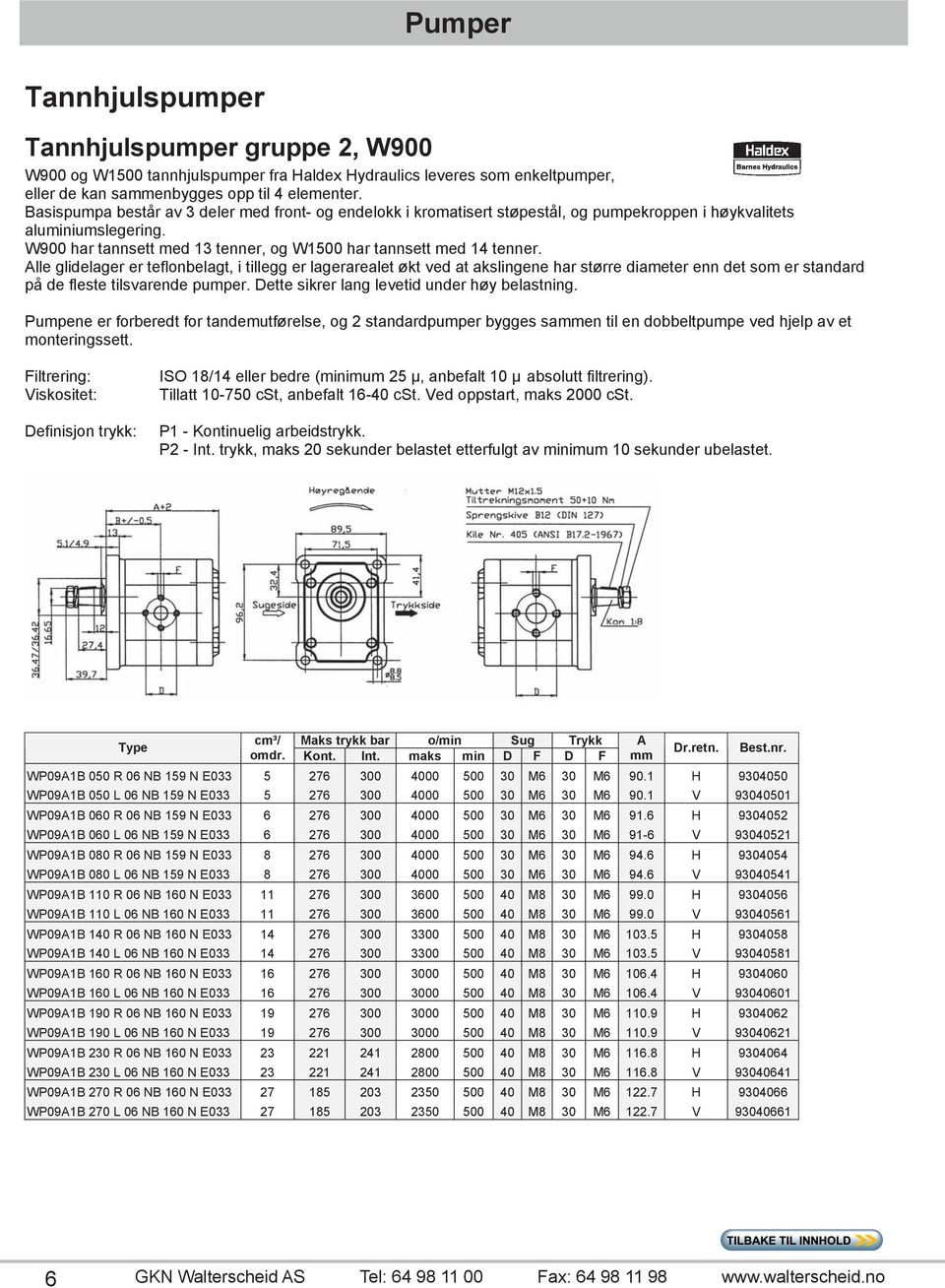 no 6 Tannhjulspumper Pumper Tannhjulspumper gruppe 2, W900 W900 og W500 tannhjulspumper fra Haldex Hydraulics leveres som enkeltpumper, eller de kan saenbygges opp til 4 elementer.