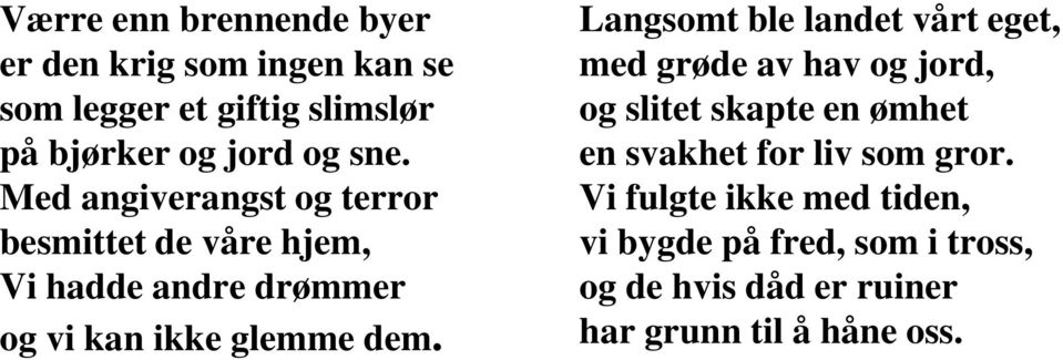 Langsomt ble landet vårt eget, med grøde av hav og jord, og slitet skapte en ømhet en svakhet for liv som