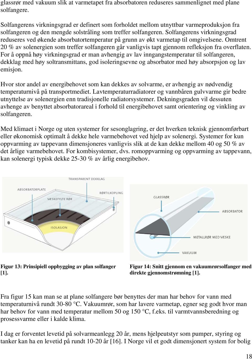 Solfangerens virkningsgrad reduseres ved økende absorbatortemperatur på grunn av økt varmetap til omgivelsene.