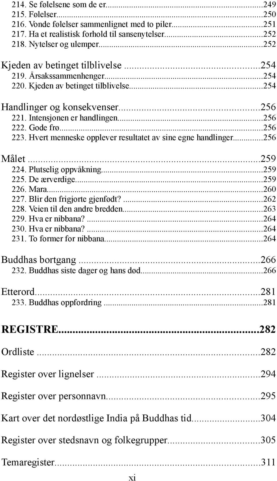 ..256 223. Hvert menneske opplever resultatet av sine egne handlinger...256 Målet...259 224. Plutselig oppvåkning...259 225. De ærverdige...259 226. Mara...260 227. Blir den frigjorte gjenfødt?