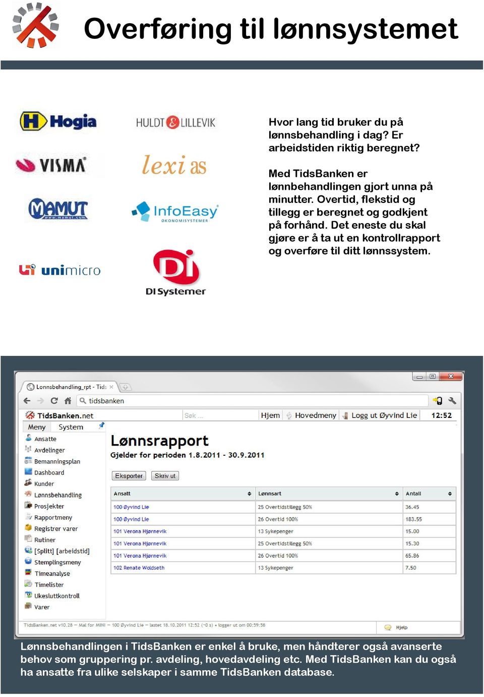 Det eneste du skal gjøre er å ta ut en kontrollrapport og overføre til ditt lønnssystem.